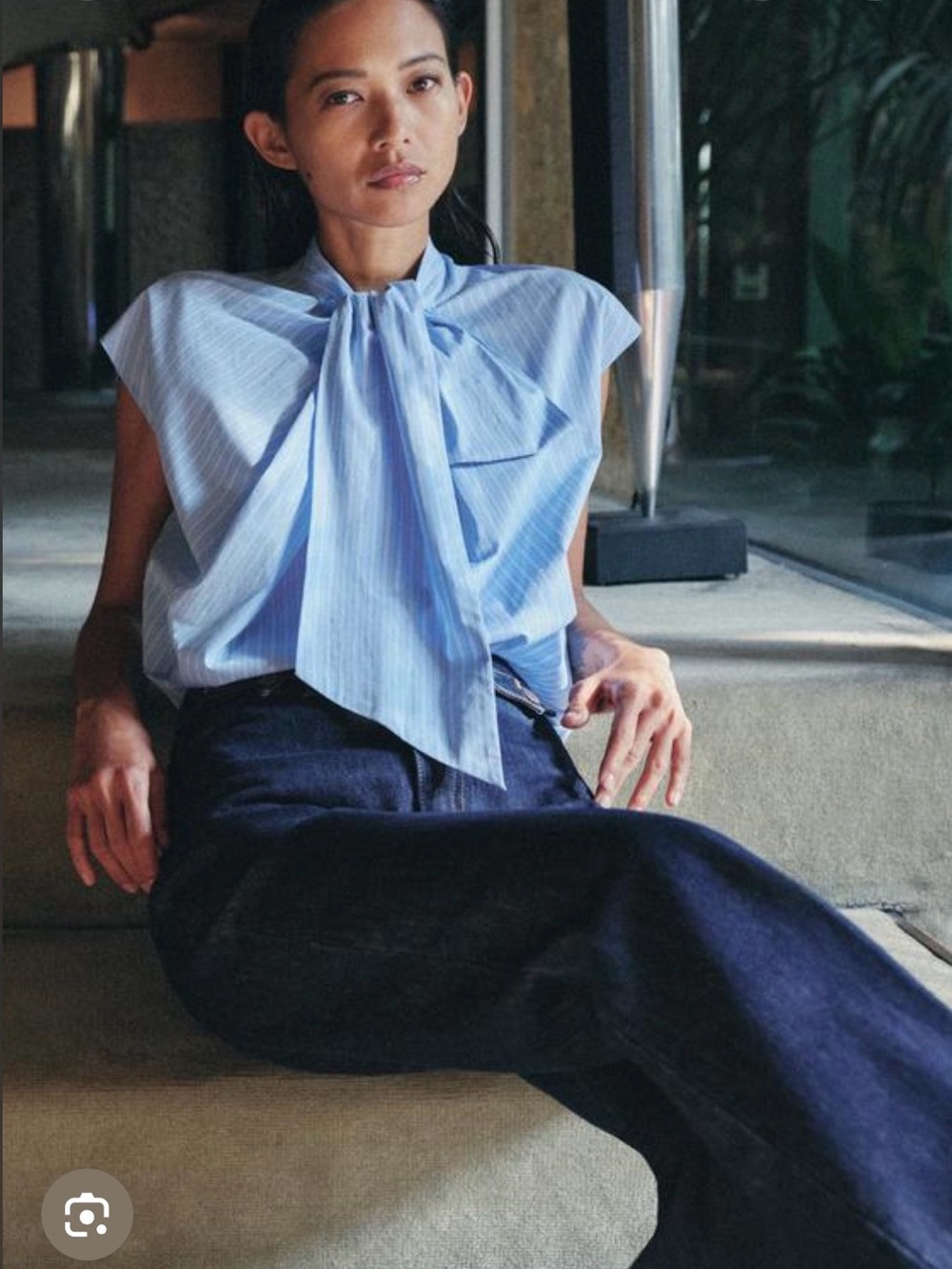 🔥🔥Zara Light Blue Striped Tie-Neck Cap Sleeve Top